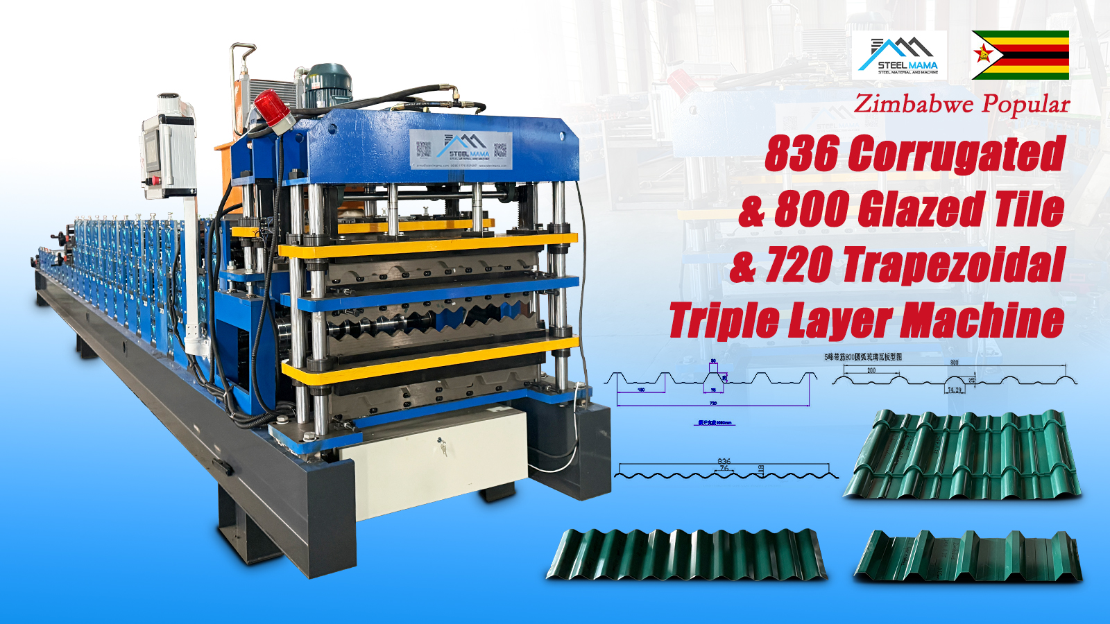 Zimbabwe Popular Fully Automatic 836 Corrugated 750 Trapezoidal And 800 Glazed Tile Roof Sheet Three Layer Machine